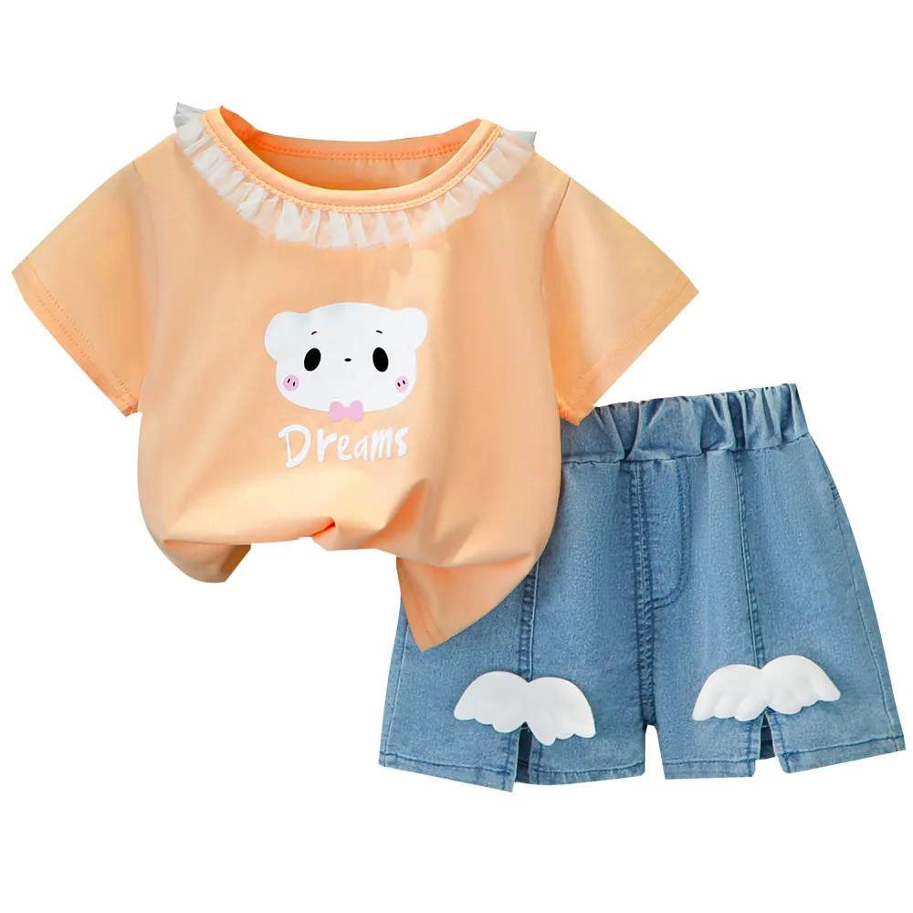

Summer Clothes Baby Girl Sets Lovely Infant Girls Cartoon T-Shirt+Denim Shorts Two Piece Newborn Outfit Korean Casual Baby Suit