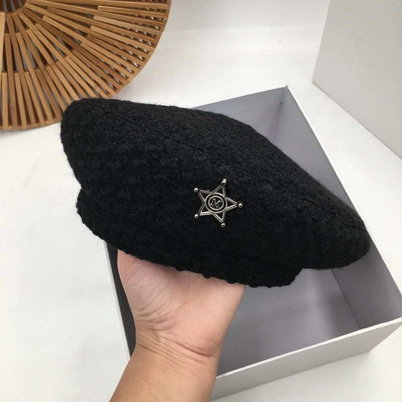 Кепка твидовая вязаная женская берет художника Модный черный Джокер в стиле