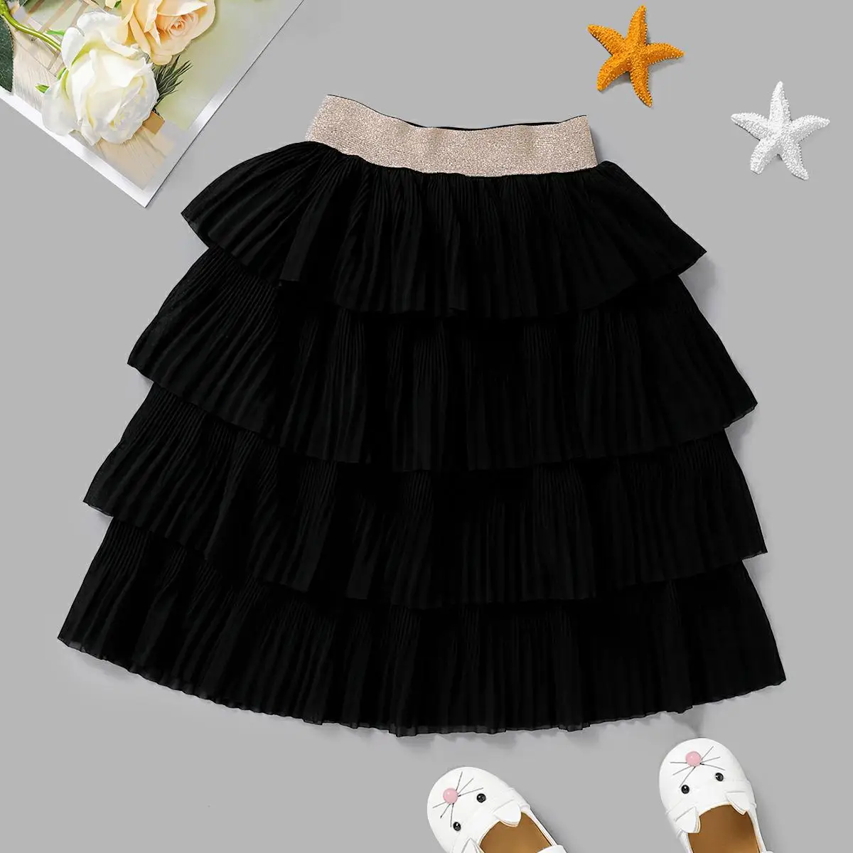 

Girls Black Layered Skirt Summer Spring Autumn Kids Solid Color Elastic Waist Pleated Hem One-piece 1-6 Years Chidren Clothes