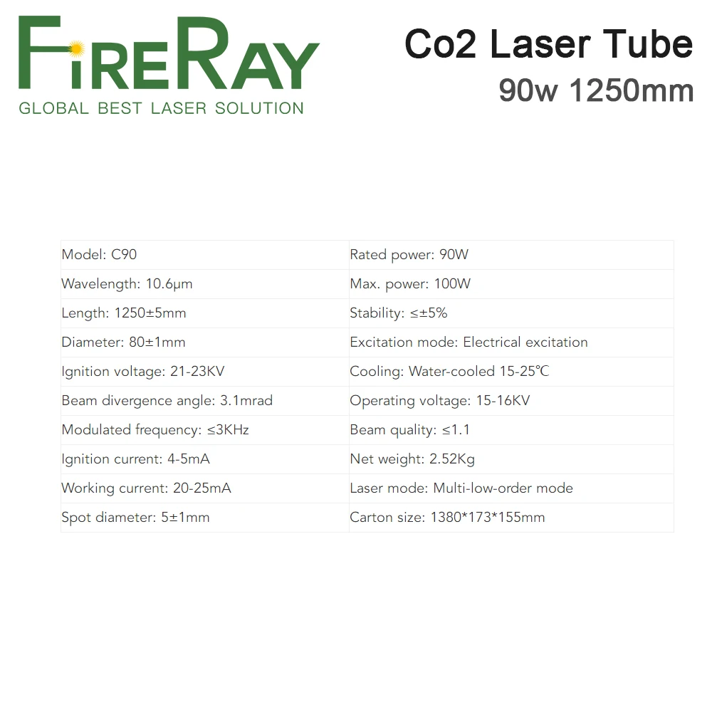 Стеклянная Лазерная Co2 трубка FireRay 90 Вт диаметром 1250 мм стеклянная лампа 80 для