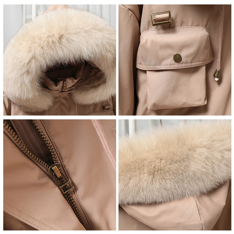 

Women Down Coat Winter Large Natural Fox Fur Hooded Thick 90% White Duck Down Parka Female Short Jacket Loose Down Outerwear