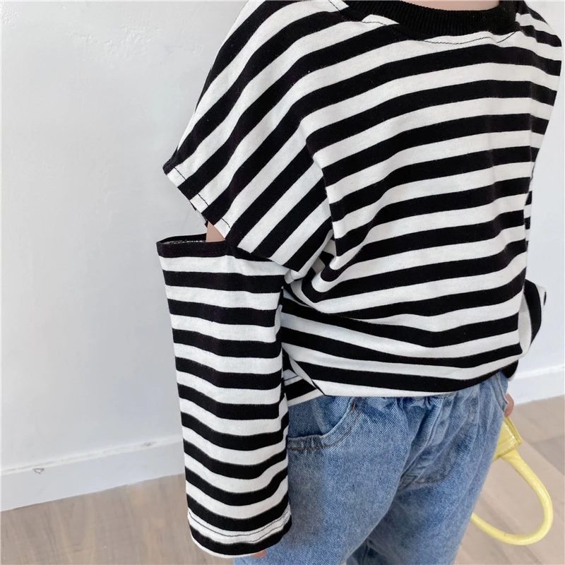 

Baby Girl Boy Clothes Black Striped Off-shoulder Long Sleeve T-shirt Tops Kid Children Outfit Clothing