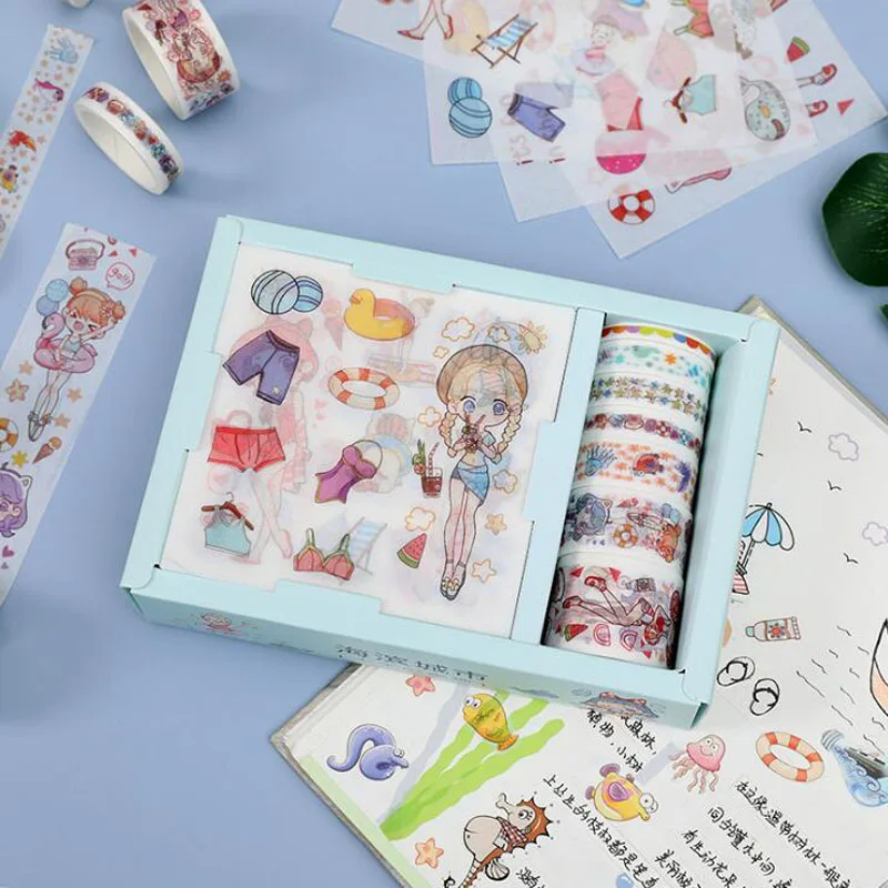

9 Stickers + 7 Rolls Of Tape Stickers Set Combination Decorative Washi Scrapbooking Stick Label Diary Office School Supplies