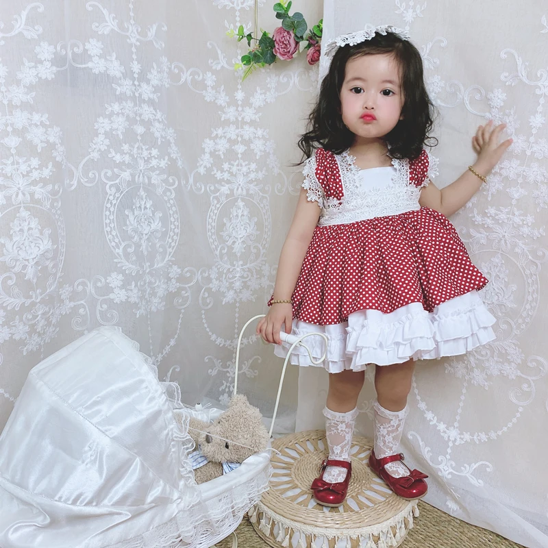 

3PCS Summer Lolita Spanish Princess Sleeveless Bow Ball Gown Dress Red Dot Lace Vintage Birthday Party Dress For Bady Girls 0-7