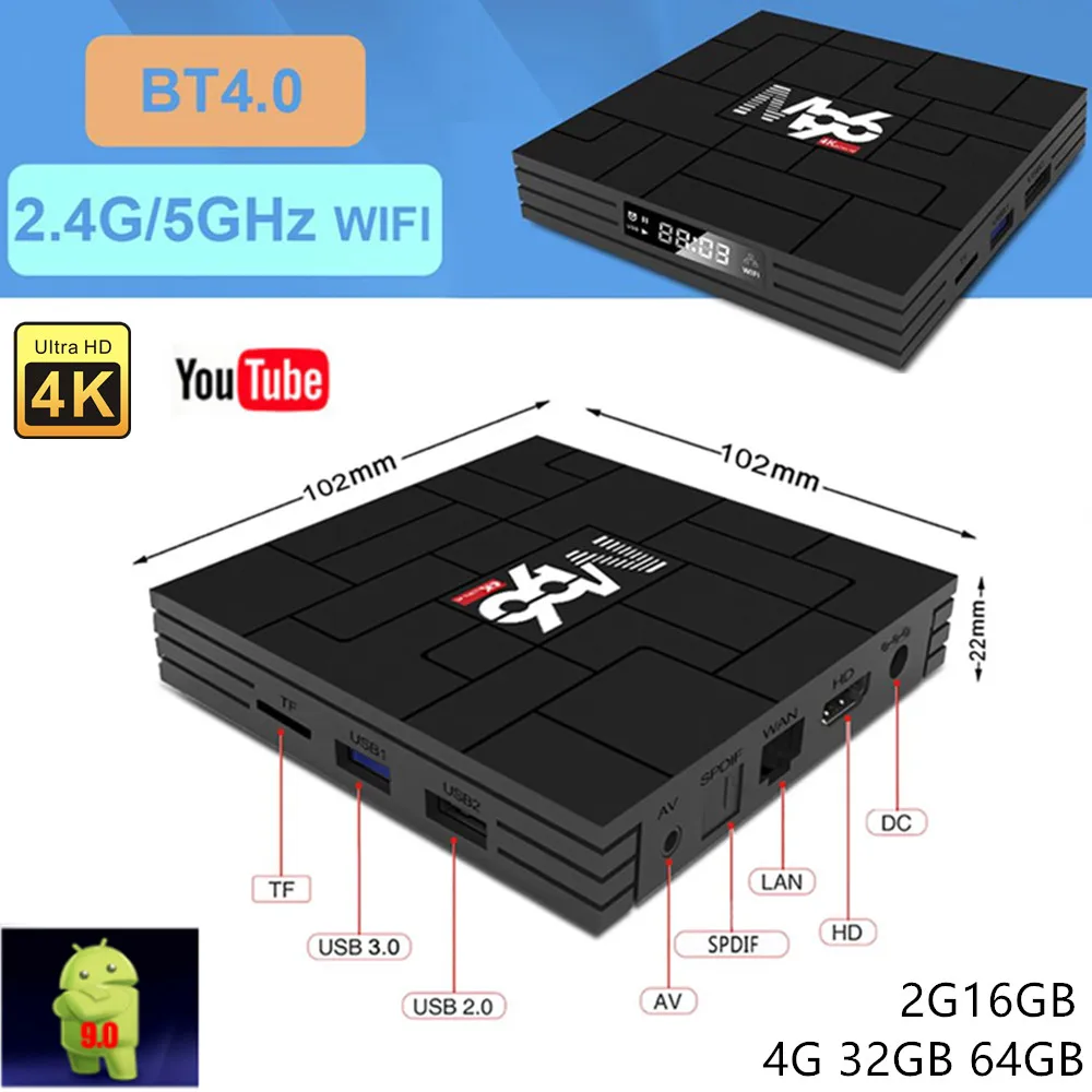 2021 New Android 9.0 Multi-language Smart TV Box 4G 32GB 64GB WiFi 2.4G/5G BT4.0 4K HD Set Top Box Support Youtube 3D Video Play