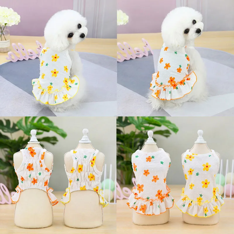

Fashion Summer Dog Dress Cotton Flower Print Dog Skirt Cat Yorkshire Yorkie Clothes Puppy Clothing Small Pet Apparel Outfit 2021