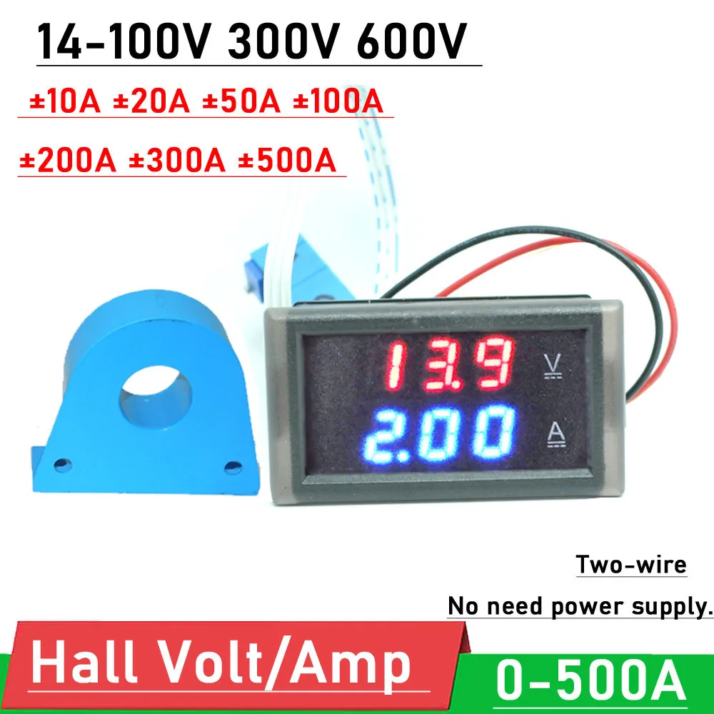 

2wire 14-600V 0-500A DC Hall Voltmeter ammeter LED Digital Voltage Current Meter battery monitor 10A 20A 50A 100A 200A 300A
