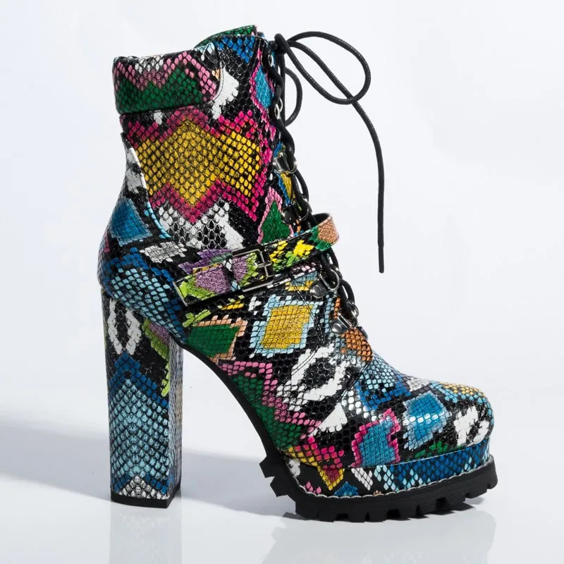 

Flower skin snake pattern women's boots waterproof platform short boots high heel middle heel boots thick heel women's Boots