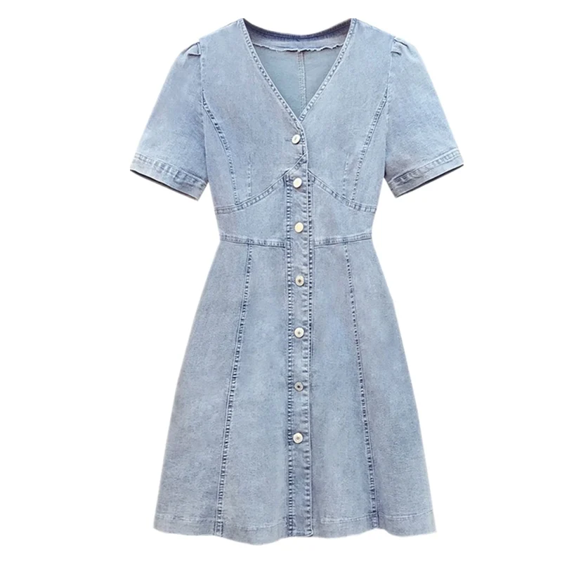 

2021 summer plus-size women's loose fit Jean dress v-neck sexy fashion dress French Retro Light Blue high-end Quality Jean dress