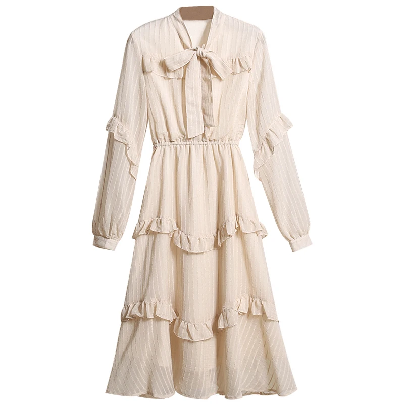 

Платье-миди PERHAPS U женское шифоновое, длинное праздничное платье абрикосового цвета в стиле ампир, с бантом на воротнике и длинным рукавом, ...