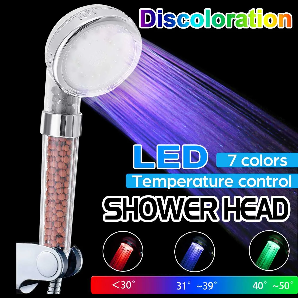 

LED Rainfall Shower Head with Filter 7 Color Temper Adjustable High Pressure Water Saving Round Sprayer No Battery Automatic Wat