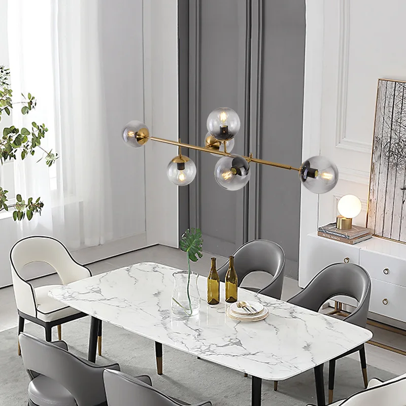 

Nordic designer long shape restaurant living room model room pendant lamp glass ball metal rod pendant lights