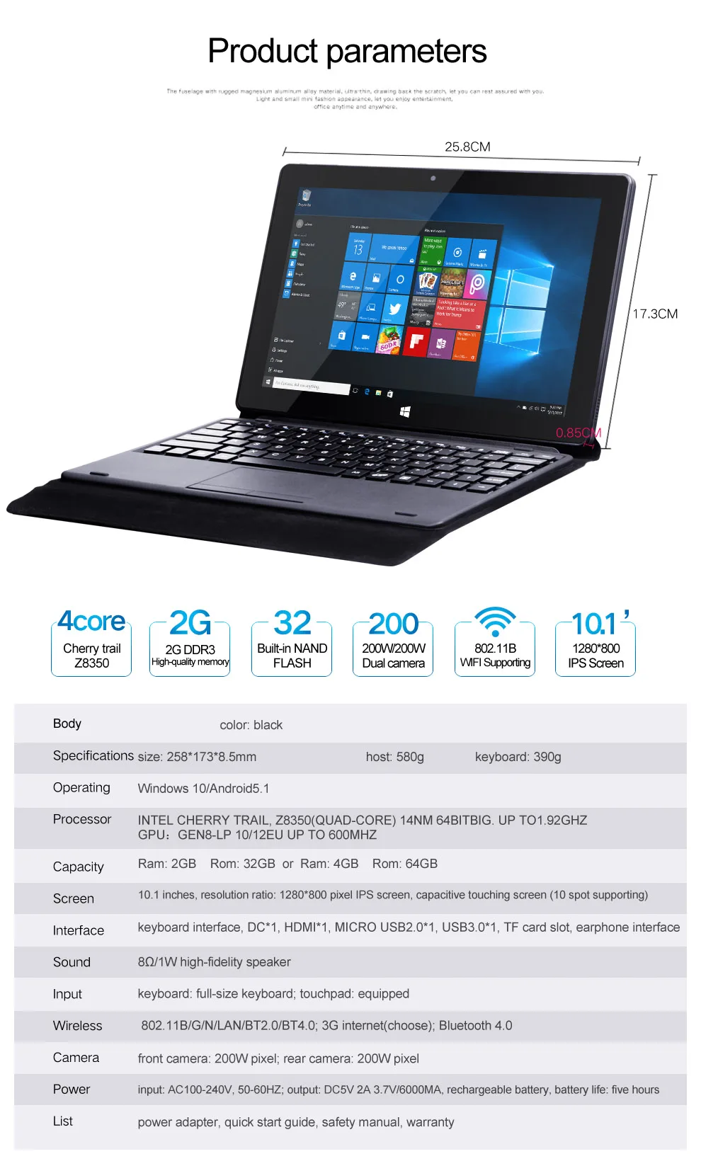W10 2 в 1 планшетный ПК 10," ips 1280*800 Z8350 четырехъядерный двойной ОС Win10 Android 5,1 2G 32G/4G 64G HDMI Bluetooth 2.0MP/5.0MP