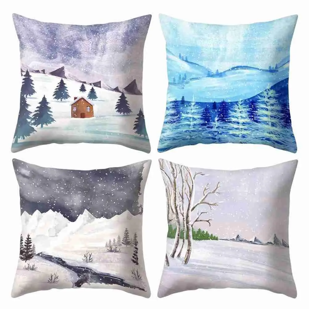 

45*45CM Winter Landscape Scenery Cushion Cover Polyester Pillow Case Cushion Bedroom Office Car Pillow Case