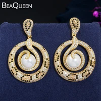 beaqueen unqiue cobra slim snake design cubic zircon micro paved big round dangle drop pearl earrings african gold jewelry e0368