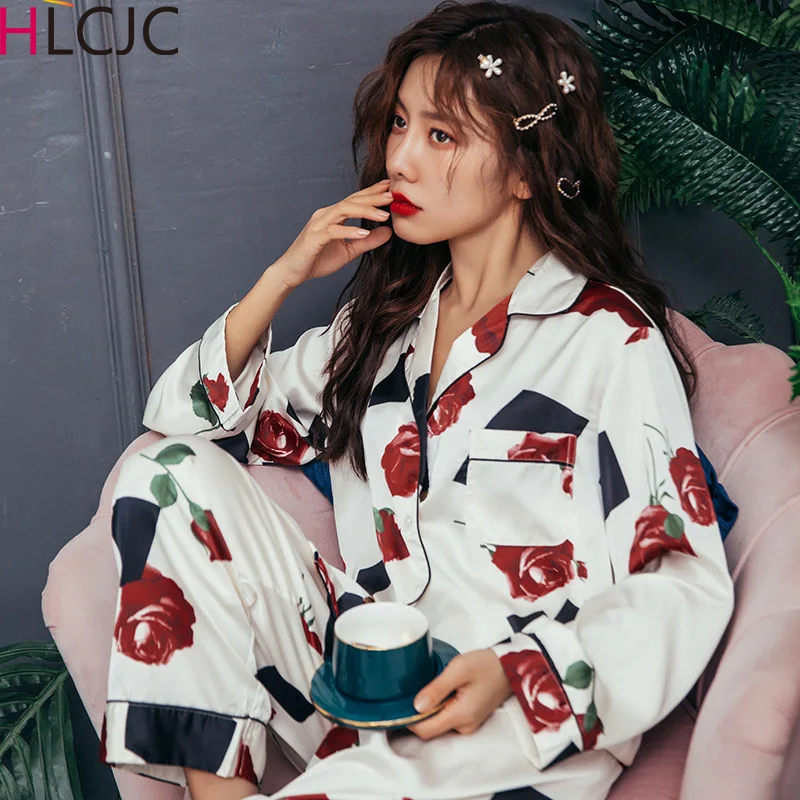 Шелковые пижамные комплекты с принтом роз для женщин Роскошные пижамы длинным