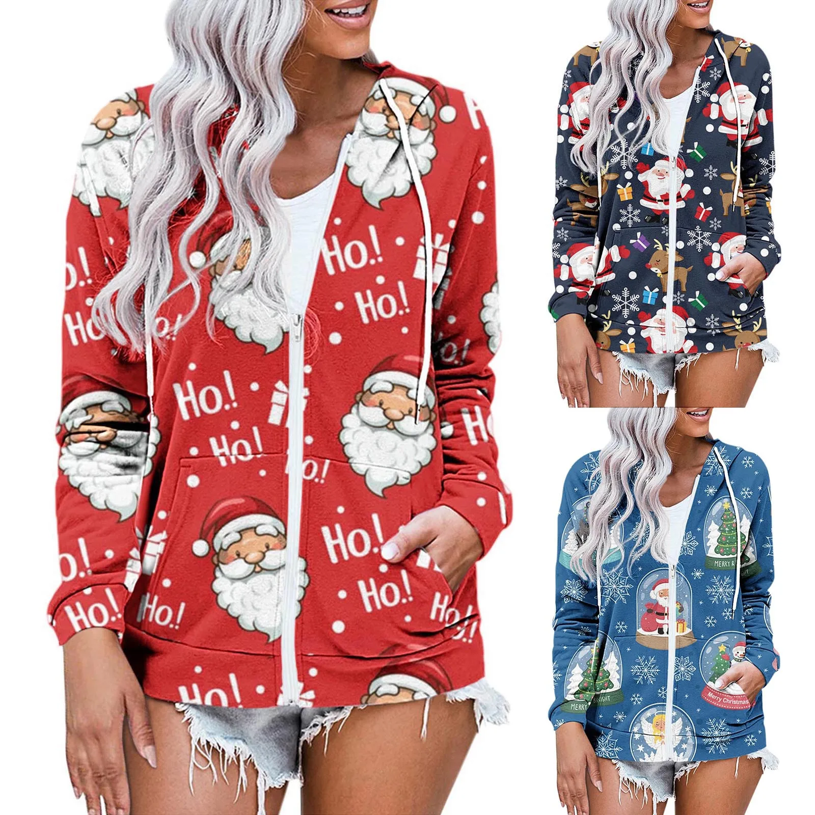 

Women's Casual Chrismas Santa Claus Cartoon Printing Zipper Hooded Jackets Long Sleeve Tunics Zip Up Hoodies Pockets Jacket Coat