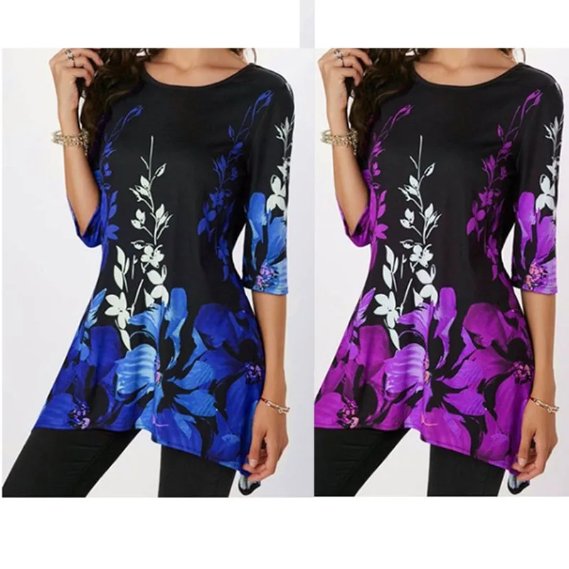 

5XL Plus Size Tops Casual Summer Women Shirts Half Sleeve Slim Vintage Floral Print Shirt Red Blue Irregular Blouse Top 4XL