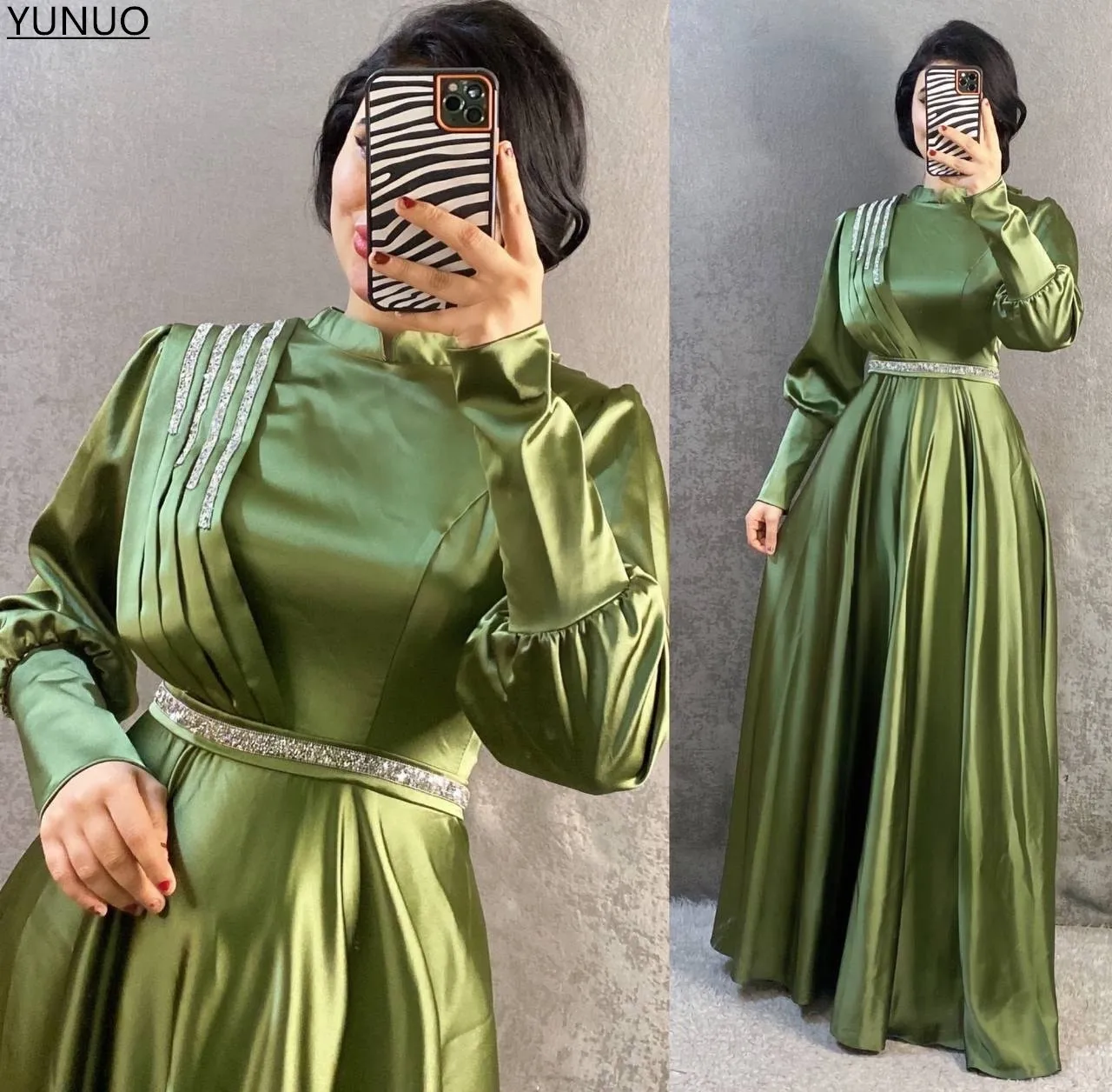 

YUNUO Olive Green Satin Floor Length Formal Prom Dress O-Neck Long Sleeves A Line Long Evening Dress with Sequined Arabic Women