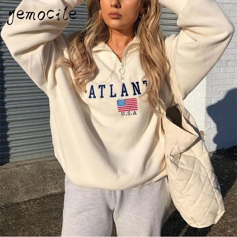 Женский свитшот с вышивкой повседневный спортивный пуловер длинным рукавом в