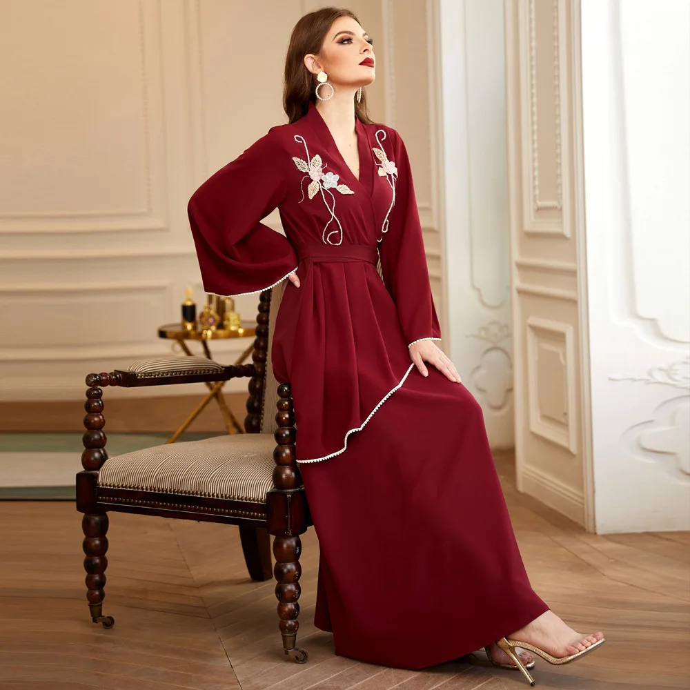 

Mandylandy Muslim Casual Embroidery Flared Solid Color Stitching Dress Women's Casual V-neck Sleeves Slim High Waist Robe