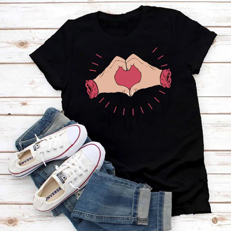 

Футболка женская с коротким рукавом и графическим принтом, простая уличная одежда в Корейском стиле, Топ в стиле Харадзюку с надписью Hand Heart,...