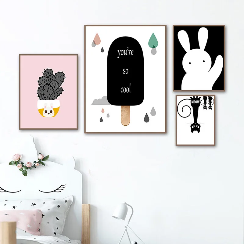

Nursery Wall Art Animal Rabbit Canvas Painting Child Black And White Abstract Alphabet Poster Print Modern Kid Baby room decor