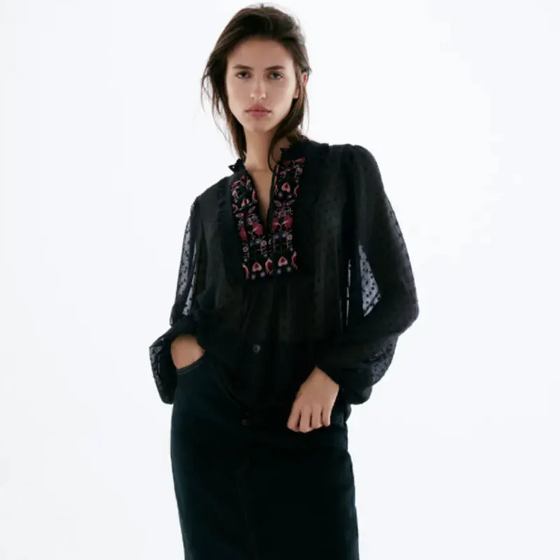 

Nlzgmsj Za Women 2022 Spring Women V-Neck Embroidery Long Sleeve Ruffles Shirt Lady Elastic Slim Pullover Chic Blouse Top 202111