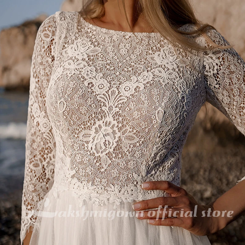 

Lakshmigown A-Line Wedding Dress Long Sleeve Lace Deep V-back Sweep Train Bridal Gowns White Simple Gorgeous Robe De Mariee