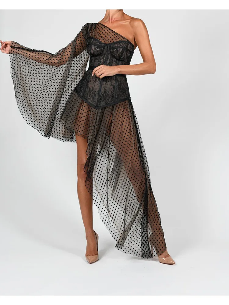 

MSXU 2021 new sexy slim slimming oblique shoulder perspective mesh irregular dress women evening dresses