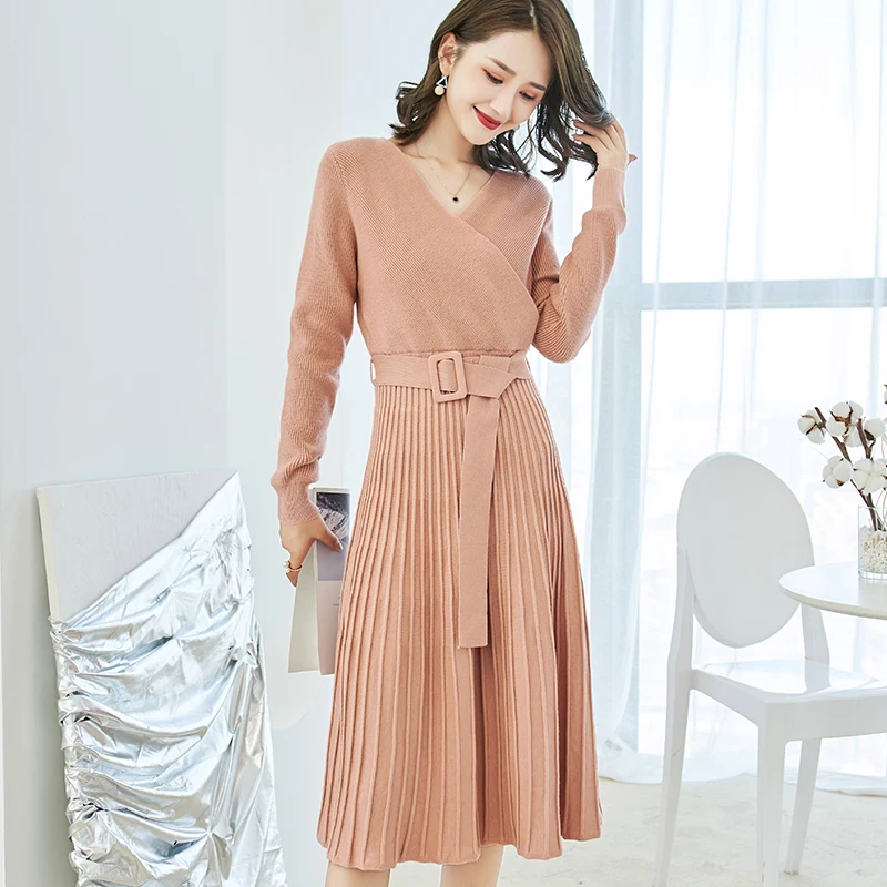 Женское трикотажное платье свитер однотонное элегантное Плиссированное Платье