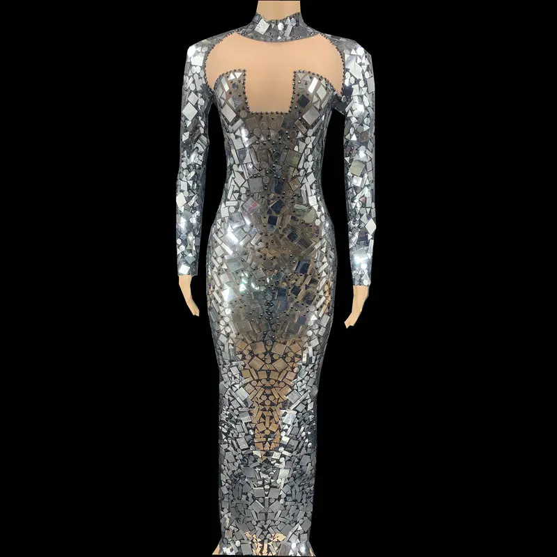 

Sexy Mesh Perspective Silver Sequins Black Stones Party Birthday Long Dress Women Nightclub Outfit Singer Performance Stage Wear