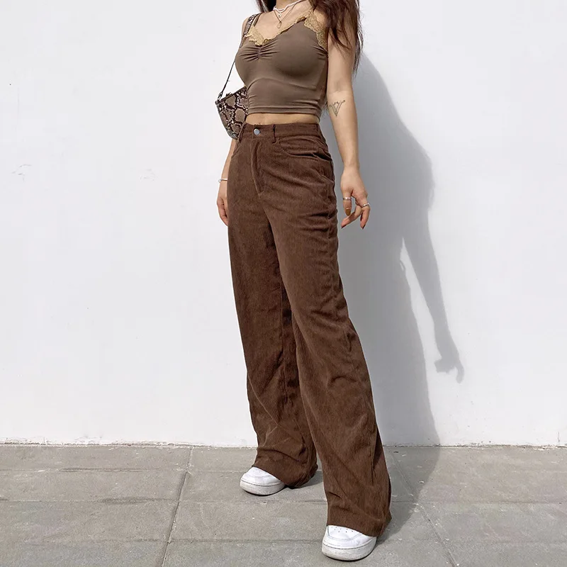

Vintage Oversized Corduroy Baggy Pants Ladies Fall High-Waist Wide Leg Straight Trousers Women 90s Elastic Casual Bottoms Mujer