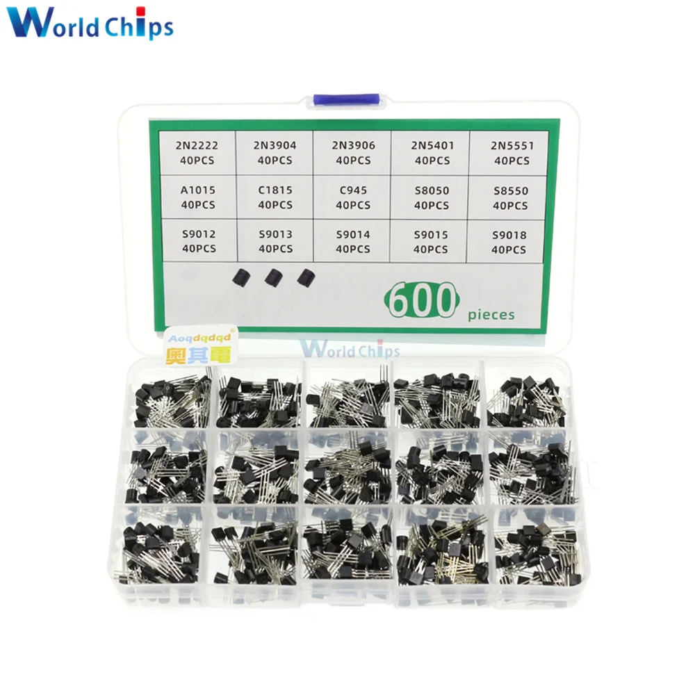 

600Pcs/Set 15 Values TO-92 Transistor Assortment Kit NPN/PNP 2N2222 2N3904 2N3906 2N5401 2N5551 A1015 C1815 C945 S8050 S9012