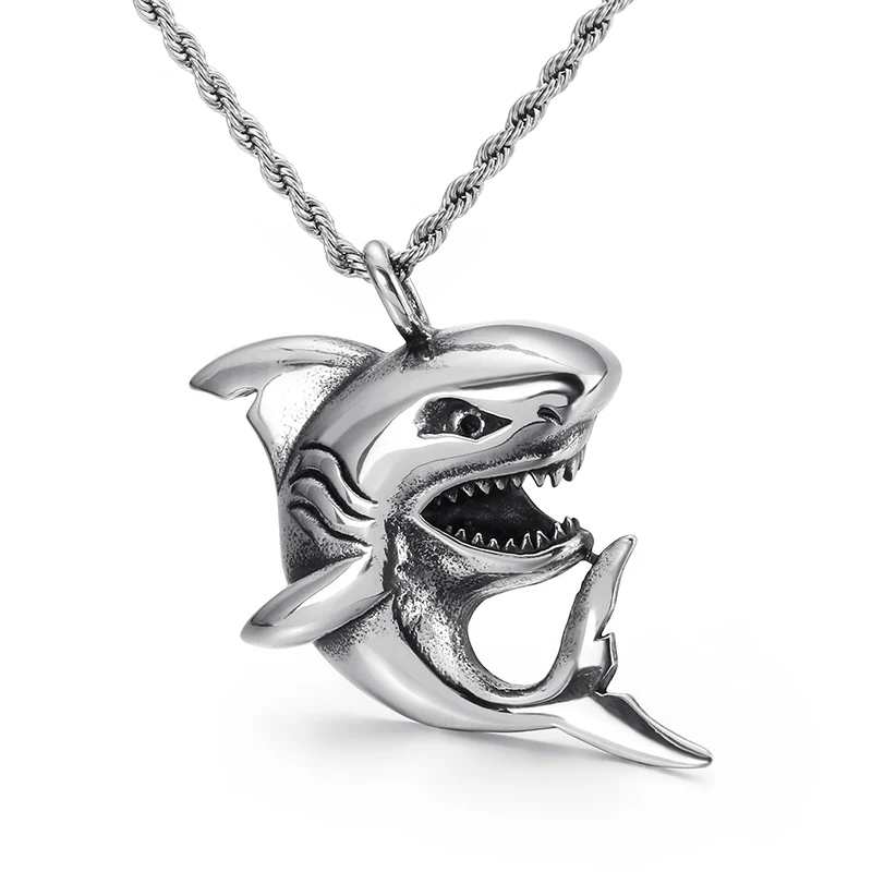 Vintage Hiphop Stainless Steel Shark Pendant Necklace For Men Women Fish With Twisted Rope Chain Male Jewelry | Украшения и