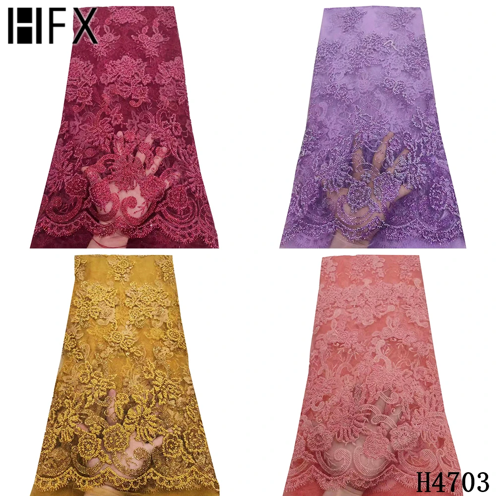 

HFX Latest Nigerian Tulle Lace Fabric French Sequins Lace Fabrics 2021 Embroidery With Beads African Net Laces Wedding F4703