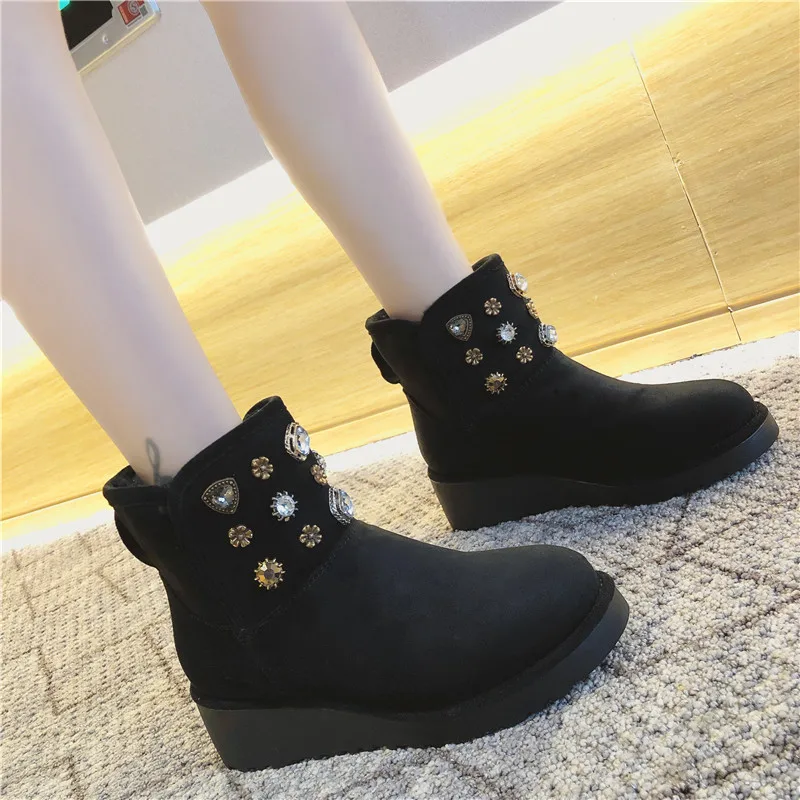 

2021 New Fashion Rhinestone Short Tube Increase In Women Cotton Shoes Women Slope Heel Snow Boots Winter Plus Velvet Thick Sole