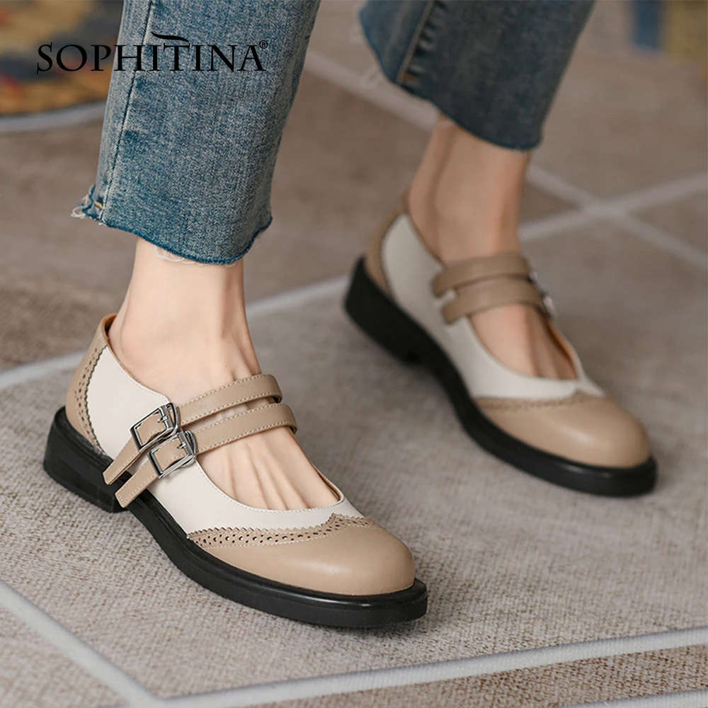 

Женские кожаные туфли SOPHITINA, милая повседневная обувь Мэри Джейн, двойная пряжка, круглый носок, цветные блоки, черные, NO568