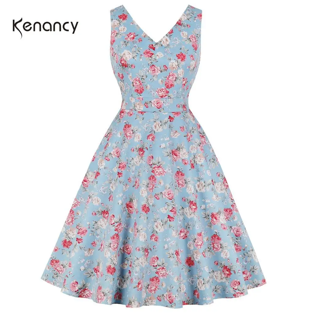 Женское винтажное платье с цветочным принтом Kenancy летнее без рукавов v образным