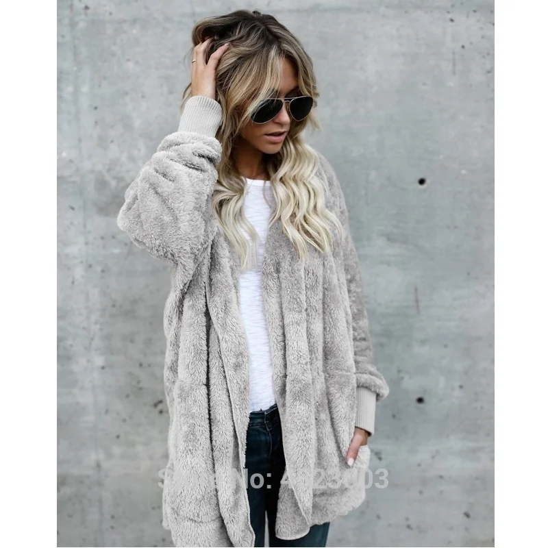 Для женщин пушистый флис Свободный кардиган с капюшоном из искусственного меха