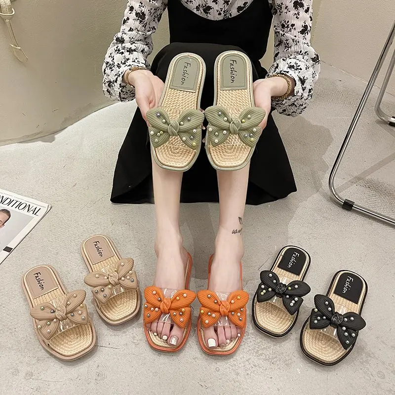 

String Bead Beach Shoes Ladies' Slippers Low Slipers Women Butterfly-Knot Transparent Heel Sabot 2021 Summer Flat Soft Rubber Sw