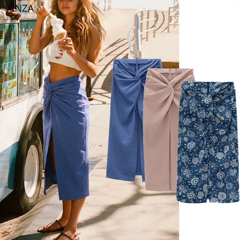 

Юбка женская с завышенной талией, винтажная Элегантная с фактурным узлом и принтом, шикарная Элегантная с молнией сзади и разрезом, лето 2021