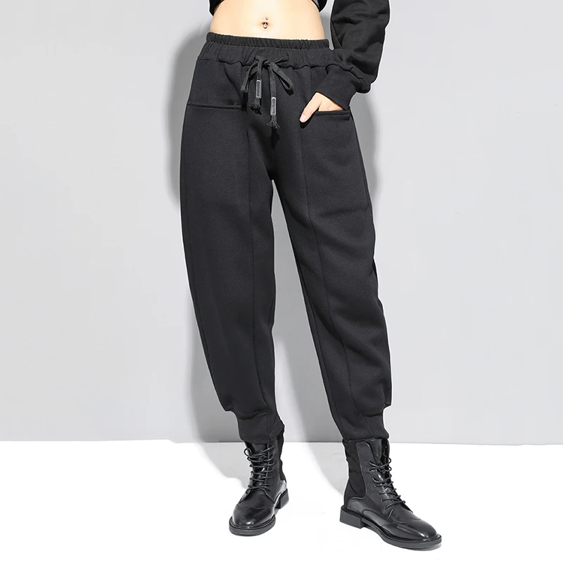 

[EAM] High Elastic Waist Black Drawstring Long Harem Trousers New Loose Fit Pants Women Fashion Tide Spring Autumn 2021 1N789