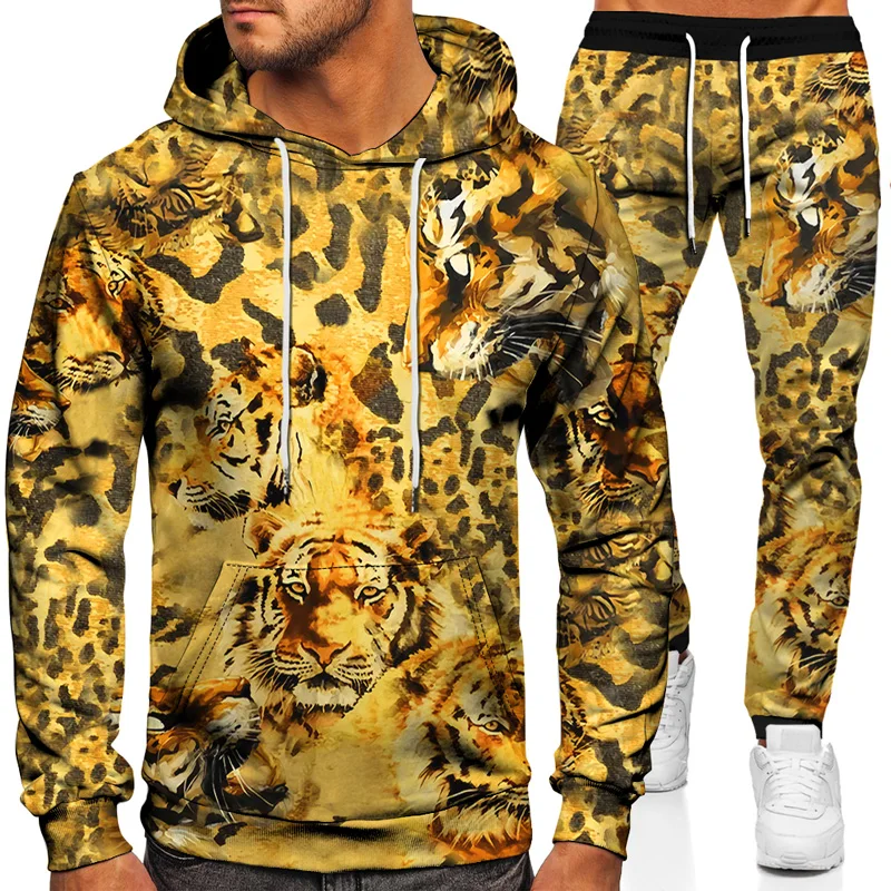 

2021 Autumn and Winter Men Tracksuit Set 3D Tiger Lion Print Two Piece Set Sweatshirts and Sweatpants Fashion Unisex Clothing