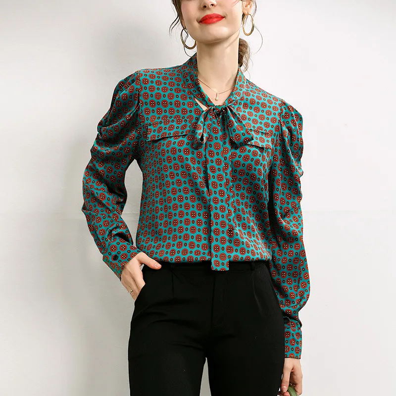 YILINHAN Silk Tops For Women 2022 NEW Summer Fashion V Neck Blouses Elegant Print Loose Green 100% Natural Mulberry Silk Shirt