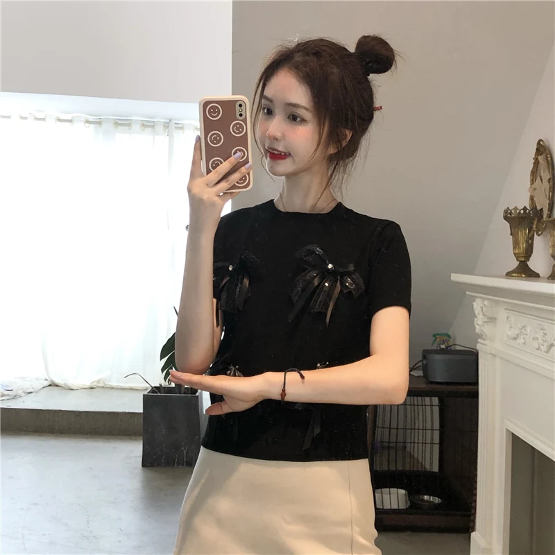 

2744 women Trend summer design sense black bow short-sleeved T-shirt