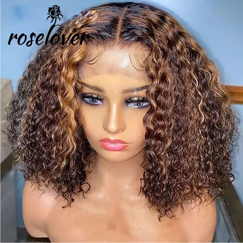 Roselover короткие вьющиеся волосы Боб человеческие волосы парики для женщин хайлайтер цвет бразильский Реми 4x4 кружевной закрывающий парик глубокие вьющиеся Предварительно выщипанные