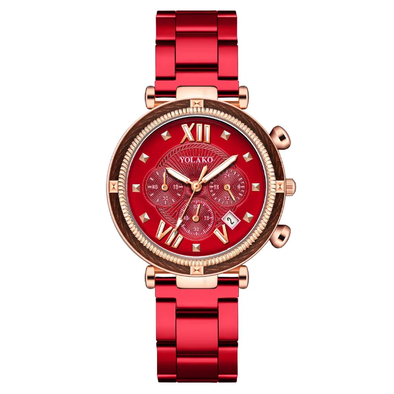 

Casual Ladies Watch Fashion High Quality Red Stainless Steel Three Eyes Calendar Roman Diamond Digital Quartz Watches For Women