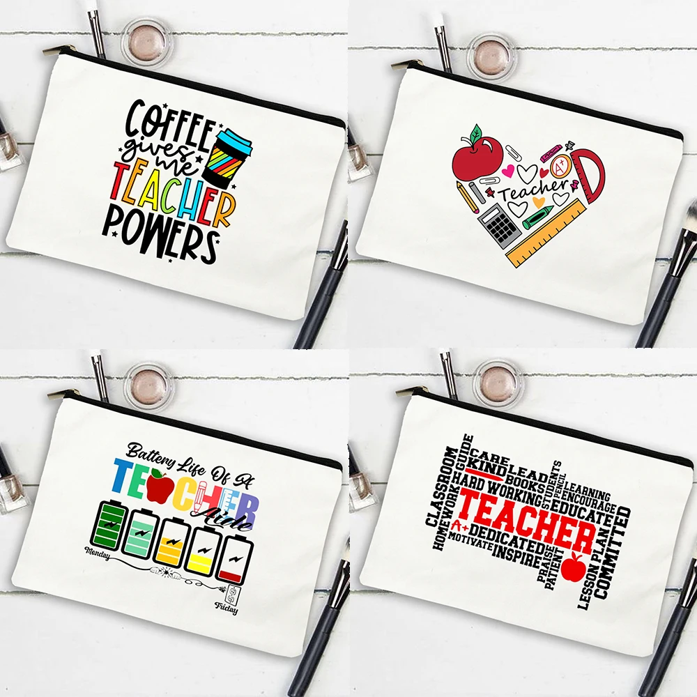 

Coffee Give Me Teacher Power Women Canvas Cosmetic Cases Bags Makeup Pouch Handbag Lipstick Organizer Teacher's Day Best Gifts