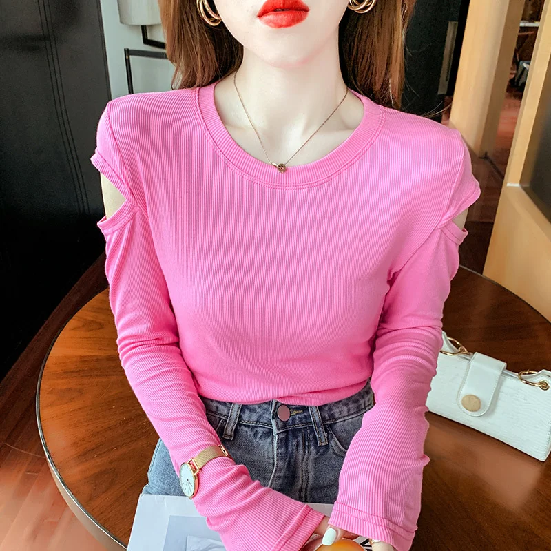 Женская эластичная хлопковая Футболка с открытыми плечами и круглым вырезом |